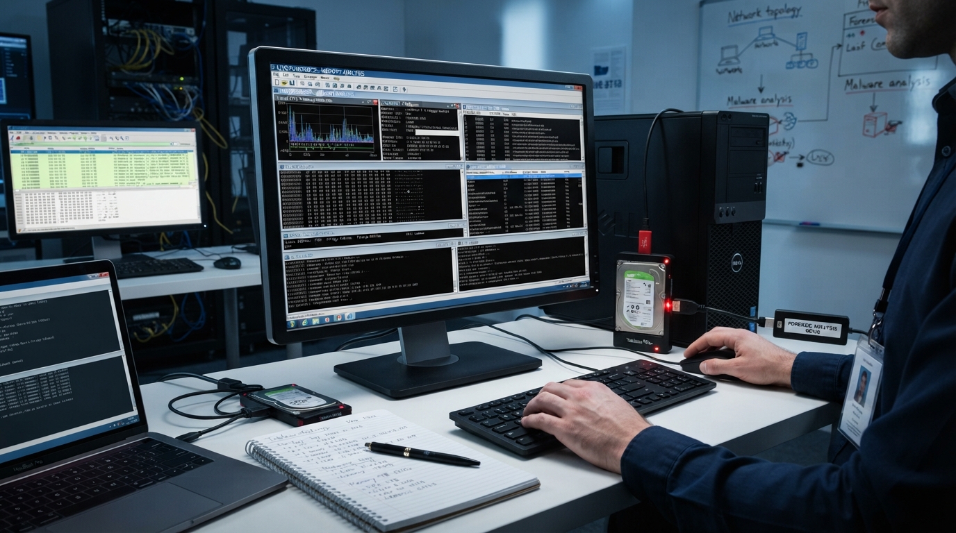 Computer code and memory analysis on a dark monitor representing live and memory forensics